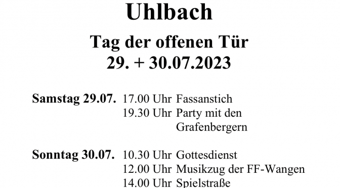 Uhlbacher Feuerwehrhocketse mit Tag der offen Tür – 29. + 30.7.2023